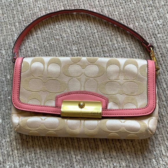 Vintage COACH Y2K Mini Bag Wristlet Bag Fabric Gold Pink - Picture 1 of 9
